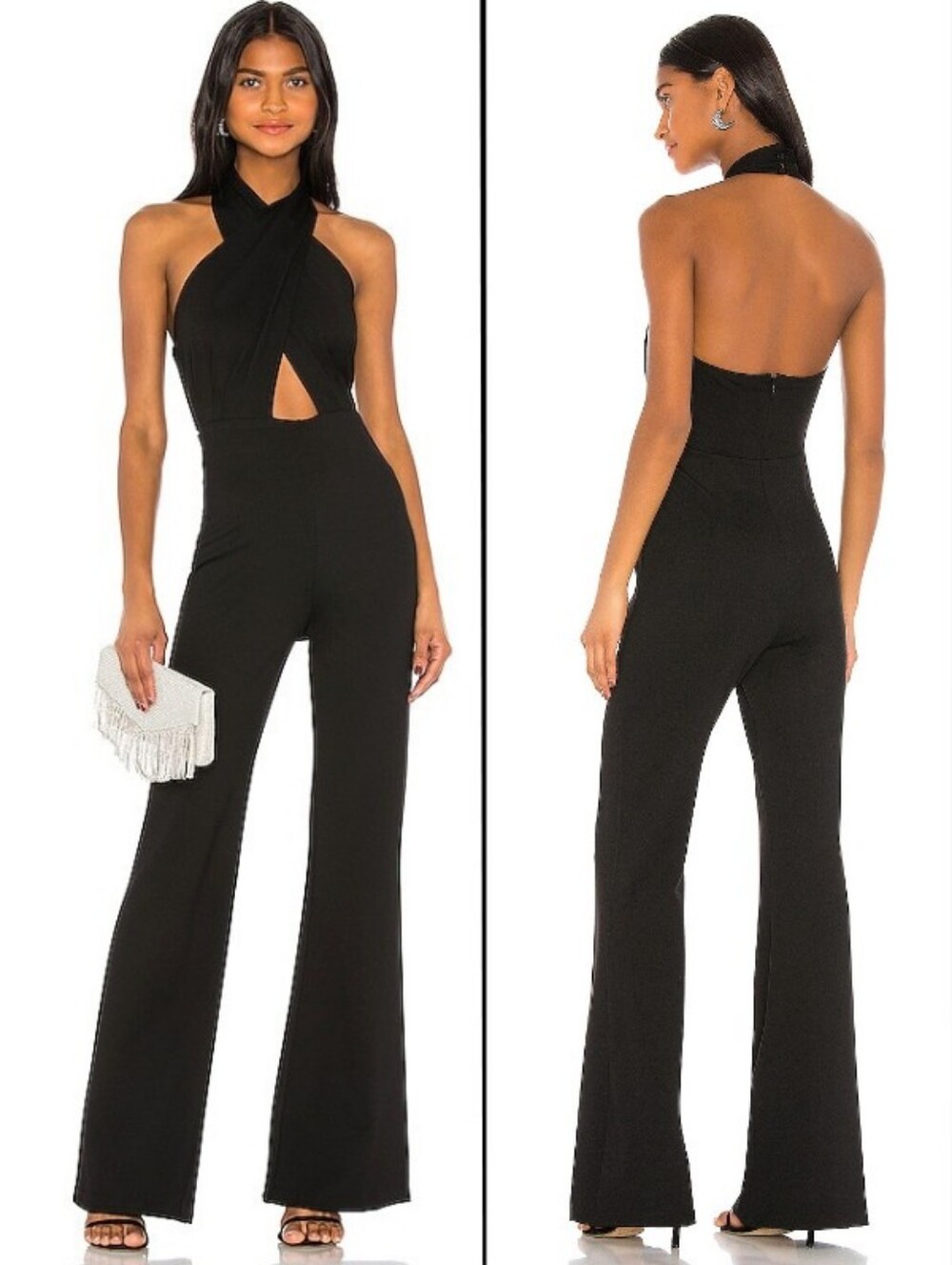 Amanda Uprichard X REVOLVE Zahara Black Criss Cross Halter Wide Leg Jumpsuit S